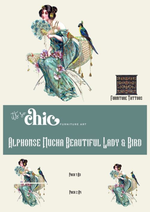 Alphonse-mucha Beautiful Lady & Bird Furniture Tattoos®️ (transfers) available in 2 sizes