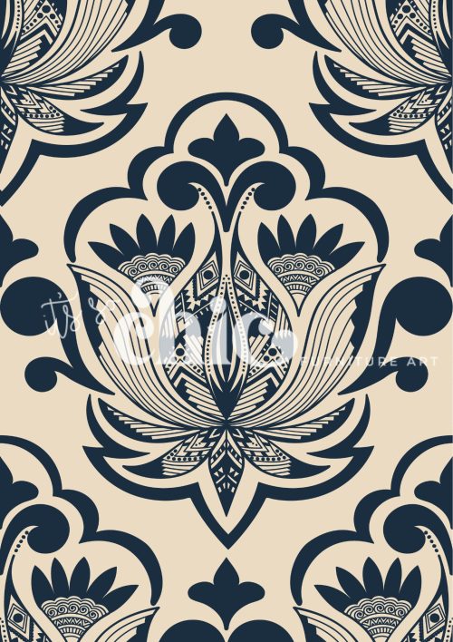 Decoupage Paper For Furniture A0/A1/A2/A3 Abstract Damask Cream & Navy floral design, decorative pattern, modern artwork, home decor, intricate design