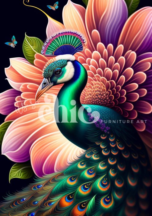 Decoupage Paper For Furniture A0/A1/A2/A3 Peacock & Gerbera peacock illustration, floral art, vibrant decor, nature artwork, colourful peacock