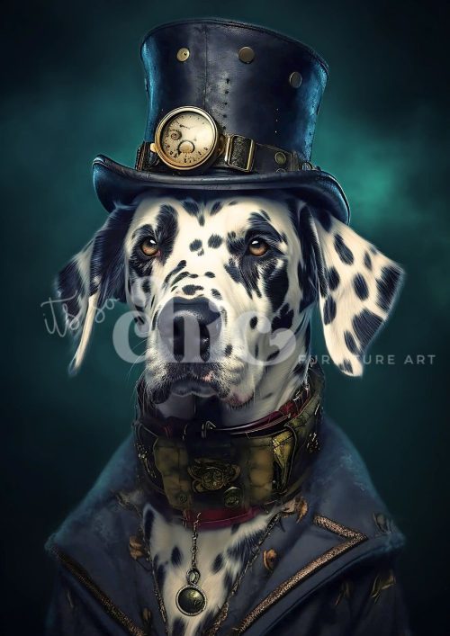 “Digital painting of a Dalmatian dog named Professor Spotsworth, dressed in steampunk attire with a top hat and Victorian coat.”