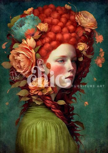 Decoupage Paper For Furniture A0/A1/A2/A3 Woman of the World Radiant Redhead floral portrait, vintage art, redhead artwork, fantasy style, feminine beauty
