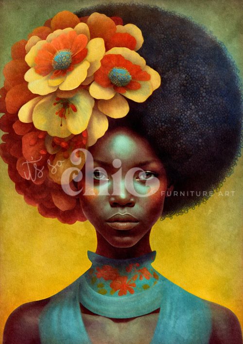 Decoupage Paper For Furniture A0/A1/A2/A3 Woman of the World Afro Bloom floral portrait, vibrant art, cultural identity, self-expression, contemporary art