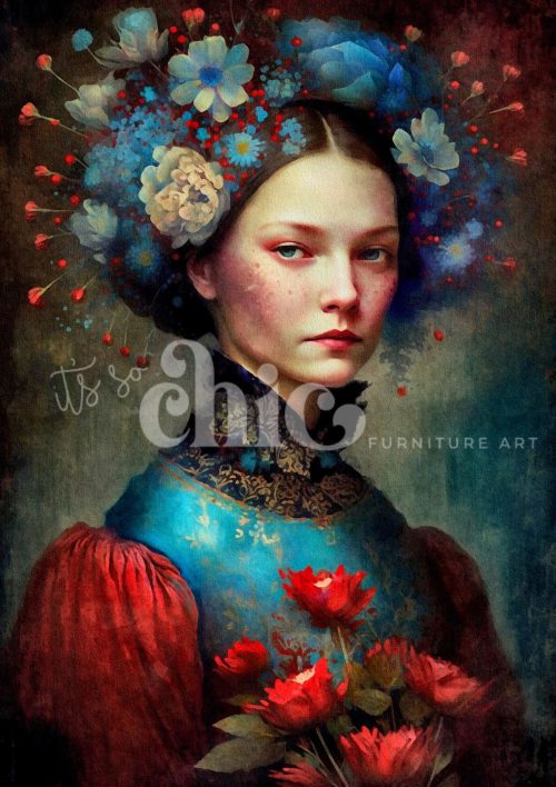 Decoupage Paper For Furniture A0/A1/A2/A3 Woman of the World Petals of Grace floral portrait, vintage art, feminine beauty, colourful artwork, intricate details