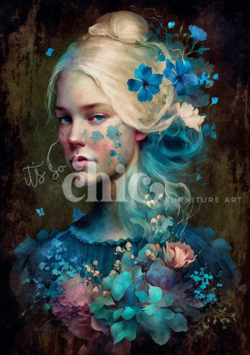 Decoupage Paper For Furniture A0/A1/A2/A3 Woman of the World Blue Blossoms surreal portrait, floral art, blue elegance, feminine beauty, nature-inspired artwork