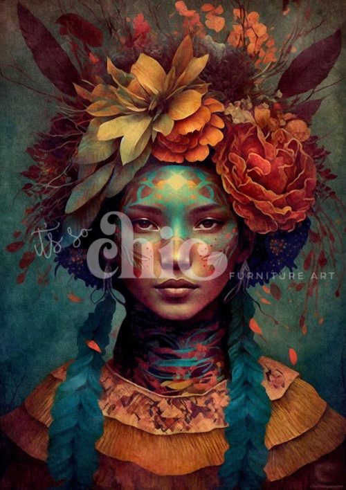 Decoupage Paper For Furniture A0/A1/A2/A3 Woman of the World Daughter of the Earth floral portrait, vibrant art, cultural expression, nature-inspired, unique artwork