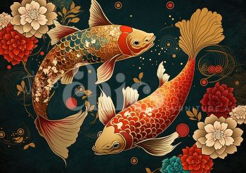 Decoupage Paper for Furniture A0/A1/A2/A3 Floral Koi Fish koi fish art, vibrant koi painting, Japanese decorative art, floral koi artwork, colorful koi fish illustration, artistic koi design, modern Japanese art, koi and flowers wall art, vibrant floral decor, koi fish home decor