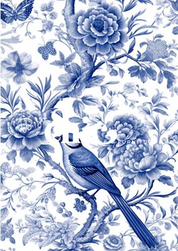 Decoupage Paper for Furniture A0/A1/A2/A3 Blue Chinoiserie vintage blue floral art, nature-inspired wall decor, decorative bird illustration, blue floral pattern print, botanical art with birds, vintage nature artwork, blue and white floral design, whimsical bird art print, floral decor for home, nature-themed wall art