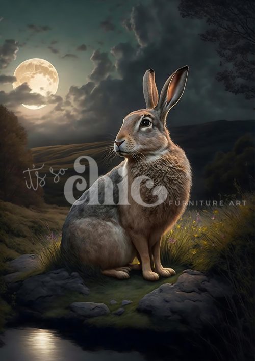 Decoupage Paper For Furniture A0/A1/A2/A3 To The Moon & Back 2 moonlit hare, wildlife art, nature illustration, serene landscape, nocturnal beauty
