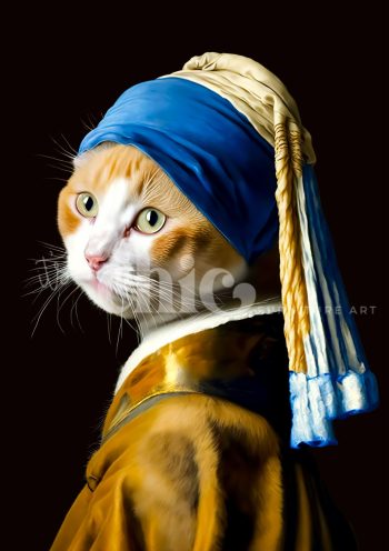 Decoupage Paper For Furniture A0/A1/A2/A3/A4 Cat Without A Pearl Earring cat portrait, whimsical art, blue scarf, unique artwork, feline art