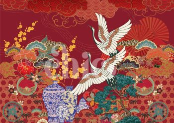 Decoupage Paper for Furniture A0/A1/A2/A3 Fanciful Chinoiserie vibrant floral art, oriental crane artwork, colorful crane patterns, artistic floral designs, Japanese crane art, decorative floral prints, traditional oriental patterns, vibrant art prints, crane and floral decor, modern oriental art