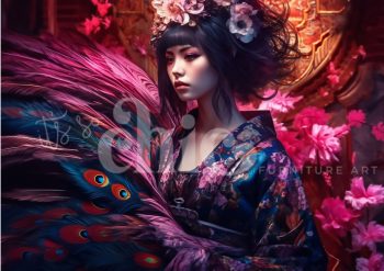 Decoupage Paper for Furniture A0/A1/A2/A3 Chinese Beauty vibrant peacock art, traditional flower painting, elegant peacock artwork, artistic floral design, colorful peacock feathers, modern kimono art, floral portrait painting, peacock and flowers art, vibrant traditional art, elegant woman with peacock