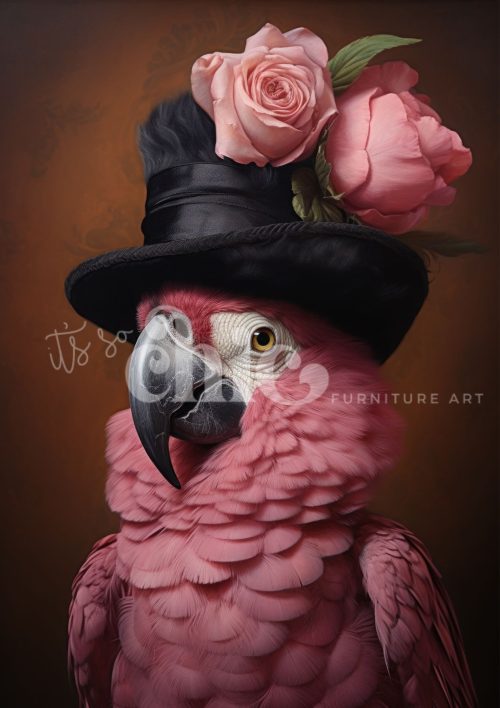 Decoupage Paper For Furniture A0/A1/A2/A3/A4 Rosy Ruffles parrot art, whimsical decor, floral artwork, vibrant wildlife, unique animal portrait
