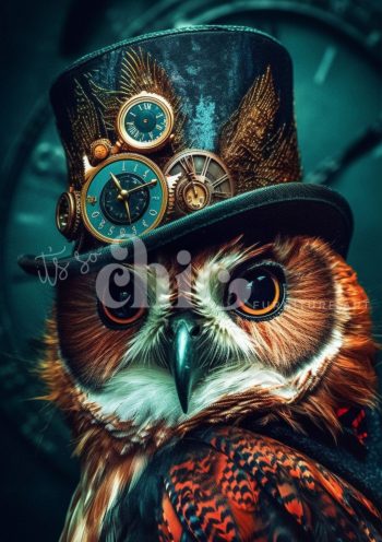Decoupage Paper For Furniture A0/A1/A2/A3/A4 Steamscreecher steampunk owl, whimsical art, clock artwork, nature illustration, unique decor