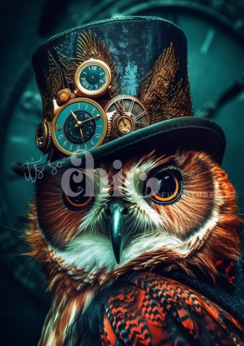 Decoupage Paper For Furniture A0/A1/A2/A3 Steamscreecher steampunk owl, whimsical art, clock artwork, nature illustration, unique decor