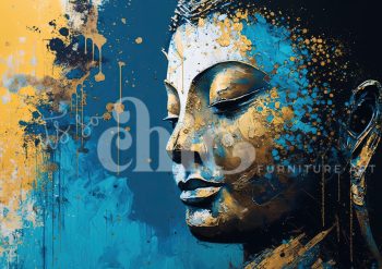 Decoupage Paper for Furniture A0/A1/A2/A3 The Buddha abstract buddha art, vibrant blue gold painting, modern buddha artwork, colorful abstract buddha, contemporary buddha art, blue gold abstract painting, artistic buddha portrait, vibrant spiritual art, abstract meditation art, gold leaf buddha painting