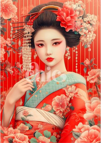 Decoupage Paper For Furniture A0/A1/A2/A3 Momoka - Peach Blossom vibrant floral art, traditional kabuki art, elegant geisha painting, Japanese floral artwork, colorful geisha illustration, modern kabuki art, floral kimono design, geisha portrait art, vibrant Japanese art, elegant traditional artwork