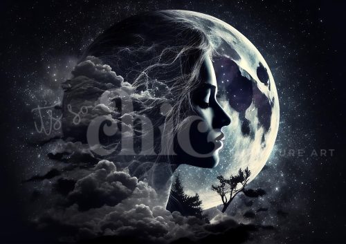 Decoupage Paper For Furniture A0/A1/A2/A3 The Guardian Spirit Of The Night celestial art, moonlit silhouette, mystical artwork, feminine portrait, dreamlike imagery