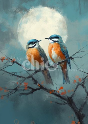 Decoupage Paper For Furniture A0/A1/A2/A3bird painting, moonlight art, nature illustration, wildlife decor Two Little Birds