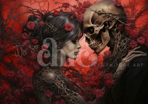 Decoupage Paper For Furniture A0/A1/A2/A3 Love in Death gothic art, surrealism, skull artwork, romantic themes, floral art