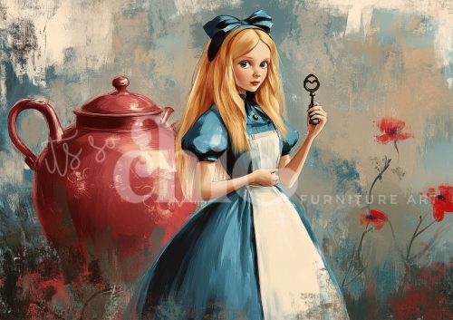 Decoupage Paper For Furniture A0/A1/A2/A3 Alice & the Giant Teapot whimsical illustration, blue dress art, fantasy character, imaginative artwork, storytelling art Alice in wonderland