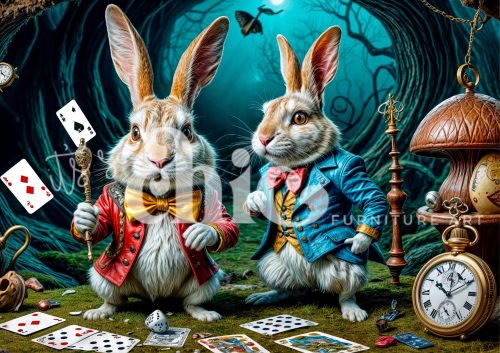 Decoupage Paper For Furniture A0/A1/A2/A3 White Rabbits whimsical rabbits, fantasy art, forest illustration, playful artwork, vintage style Alice in Wonderland