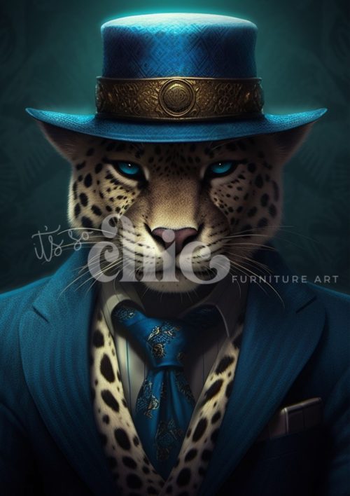 Decoupage Paper For Furniture A0/A1/A2/A3 Sapphire Sam leopard illustration, stylish art, blue suit, animal portrait, unique artwork