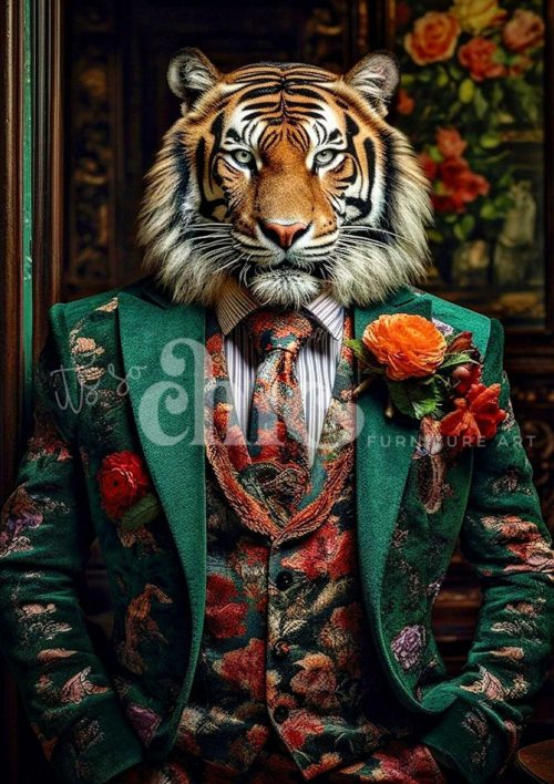 Decoupage Paper For Furniture A0/A1/A2/A3 Mr Rosetiger tiger art, floral portrait, wildlife fashion, contemporary art, unique artwork