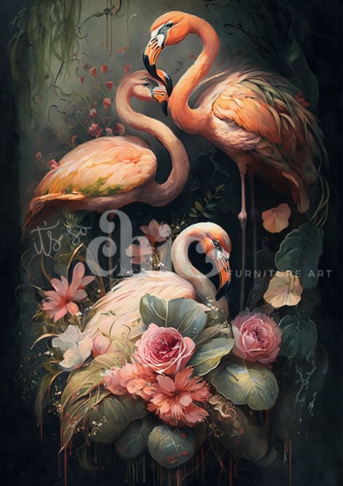 Decoupage Paper For Furniture A0/A1/A2/A3 Flamingos & Flowers flamingo art, floral painting, nature decor, vibrant artwork, wildlife art