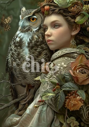 Decoupage Paper For Furniture A0/A1/A2/A3 The Owl Keeper fantasy portrait, owl artwork, nature art, whimsical girl, detailed illustration