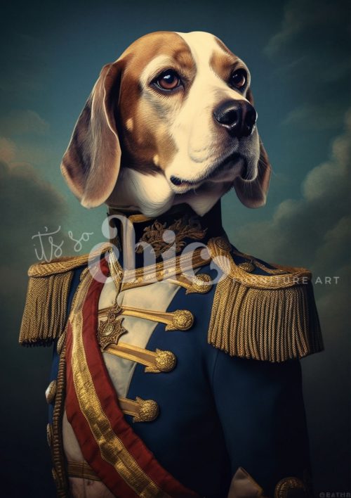 Decoupage Paper For Furniture A0/A1/A2/A3 Admiral Beagleton features a charming beagle in a grand military uniform, blending whimsy with elegance. The artwork showcases intricate details and vibrant colours, making it a delightful addition to any space.
