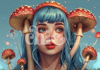 Decoupage Paper For Furniture A0/A1/A2/A3 Toadstool Dreams whimsical portrait, blue hair art, mushroom artwork, fantasy illustration, surreal character