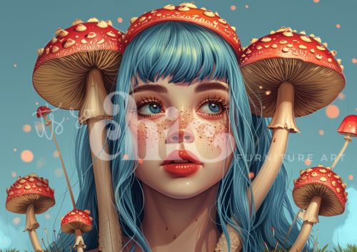 Decoupage Paper For Furniture A0/A1/A2/A3 Toadstool Dreams whimsical portrait, blue hair art, mushroom artwork, fantasy illustration, surreal character