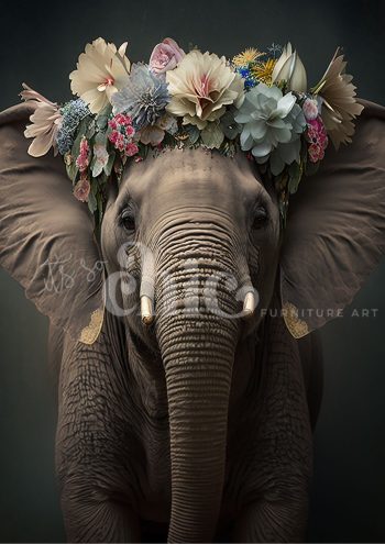 Decoupage Paper for Furniture A0/A1/A2/A3 Floral Elle elephant art, floral elephant painting, elegant elephant artwork, nature-inspired elephant decor, artistic elephant with crown, floral crown elephant, whimsical elephant art, unique elephant wall art, botanical elephant illustration, modern floral elephant design