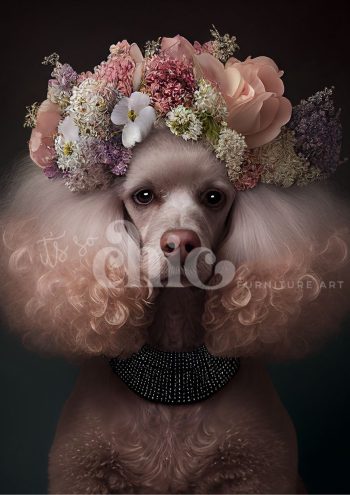 Decoupage Paper for Furniture A0/A1/A2/A3 Floral Poodle poodle portrait art, floral dog artwork, elegant poodle painting, decorative poodle art, artistic poodle illustration, flower crown dog portrait, chic poodle decor, whimsical poodle art, modern pet portrait, unique dog art prints