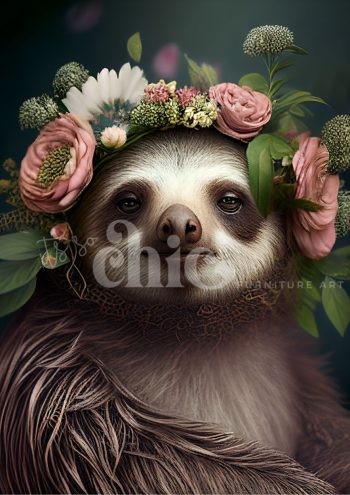 Decoupage Paper for Furniture A0/A1/A2/A3 Floral Sloth sloth portrait art, floral sloth illustration, smiling sloth artwork, whimsical sloth painting, sloth with crown art, botanical sloth portrait, cute sloth art print, nature-inspired sloth art, artistic sloth decor, sloth lover gift ideas