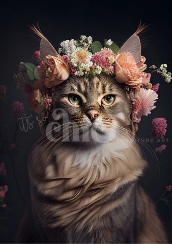 Decoupage Paper for Furniture A0/A1/A2/A3 Floral Cat cat portrait with flowers, floral crown cat art, majestic feline artwork, whimsical cat painting, floral themed pet portrait, cat with flower crown, botanical cat illustration, charming cat art piece, flower adorned cat portrait, unique cat artwork