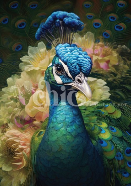 Decoupage Paper For Furniture A0/A1/A2/A3 Peacock & Blooms peacock art, wildlife decor, vibrant artwork, nature painting, floral art