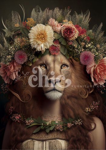 Decoupage Paper for Furniture A0/A1/A2/A3 Floral Lion floral lion art, whimsical lion portrait, anthropomorphic lion artwork, decorative floral lion, lion with flowers, artistic lion illustration, unique lion art piece, floral crown lion, modern lion art, quirky lion decor