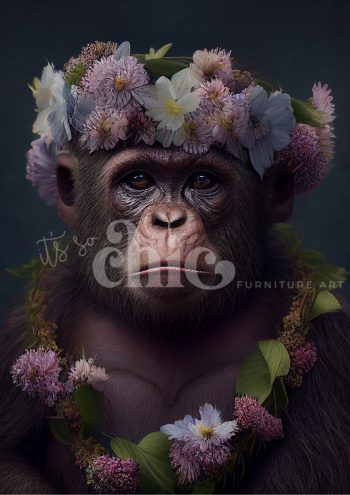 Decoupage Paper for Furniture A0/A1/A2/A3 Floral Chimp chimpanzee portrait art, floral crown chimpanzee, nature-inspired animal art, artistic chimpanzee illustration, flower crown animal portrait, unique chimpanzee artwork, vibrant nature-themed art, whimsical animal portraits, contemporary chimpanzee art, botanical crown art piece