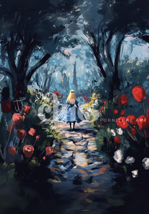 Decoupage Paper For Furniture A0/A1/A2/A3 The Path To Wonderland enchanted, pathway, forest, whimsical, vibrant, flowers, fantasy Alice