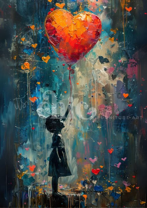 Decoupage Paper For Furniture A0/A1/A2/A3 Love In Motion child artwork, heart balloon, vibrant colours, emotional art, silhouette painting