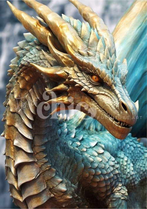 Decoupage Paper For Furniture A0/A1/A2/A3 Blue Dragon dragon sculpture, fantasy art, mythical creature, blue dragon, detailed artwork, fantasy sculpture, guardian drago