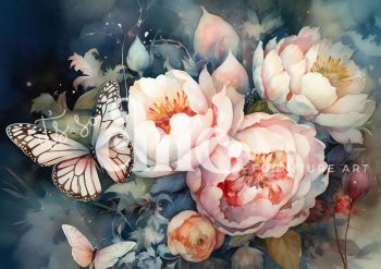 Decoupage Paper For Furniture A0/A1/A2/A3 Butterflies & Peonies watercolor floral art, botanical butterfly painting, peony flower artwork, artistic butterfly illustration, floral wall decor, vibrant botanical prints, butterfly and flower art, nature-inspired watercolor, contemporary floral art, peony and butterfly design