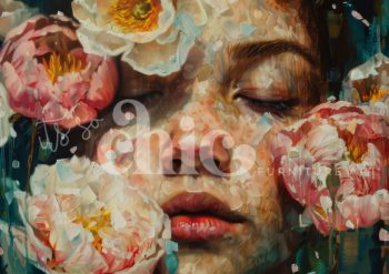 Decoupage Paper for Furniture A0/A1/A2/A3 Lying in a field of Flowers vibrant floral portrait, serene artistic painting, dreamy flower art, close-up face with flowers, contemporary floral portrait, expressive floral artwork, vibrant portrait with blooms, artistic representation of serenity, floral-themed portrait art, modern dreamy face painting