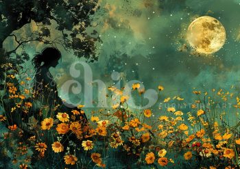 Decoupage Paper For Furniture A0/A1/A2/A3/A4 Luna’s Embrace serene moonlit flowers art, dreamy silhouette artwork, night garden painting, floral silhouette art, moonlit landscape illustration, tranquil flower scene, whimsical night art, silhouette under moonlight, dreamy floral artwork, serene night flowers painting