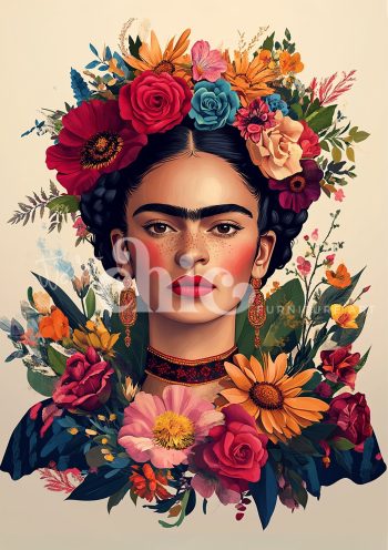 Decoupage Paper For Furniture A0/A1/A2/A3 Radiance in Bloom Frida Kahlo portrait, vibrant floral art, colourful Frida artwork, artistic flower illustration, modern Frida Kahlo style, bold floral portrait, contemporary Frida art, vibrant Mexican art, floral portrait painting, Frida-inspired artwork