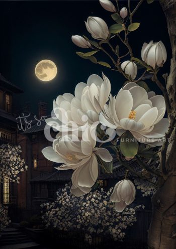 Decoupage Paper For Furniture A0/A1/A2/A3 Moon-Kissed Magnolia moonlit flowers, elegant night art, serene nature painting, white magnolia artwork, floral night scene, moonlit garden art, botanical night painting, tranquil flower art, night blooming flowers, elegant floral decor