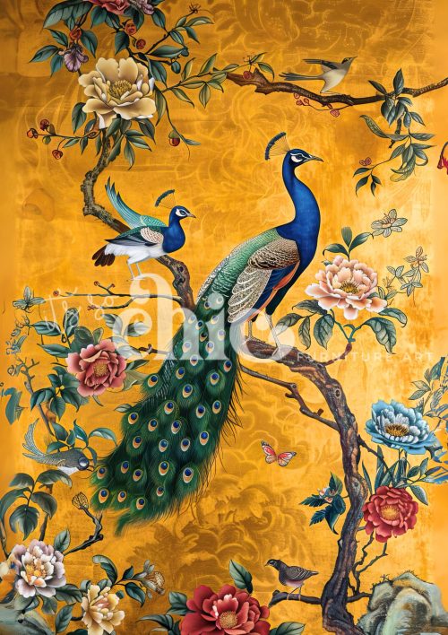 Decoupage Paper For Furniture A0/A1/A2/A3 Glimmering Grace peacock art, floral illustration, nature decor, vibrant artwork, ornate design