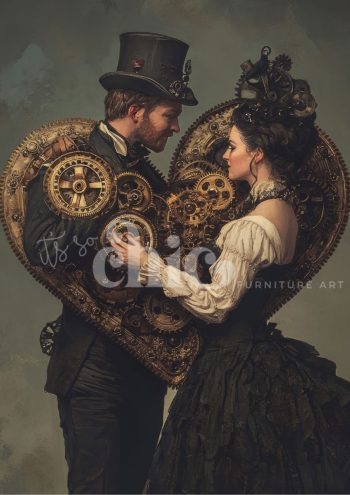 Decoupage Paper for Furniture A0/A1/A2/A3 Steampunk Lovers vintage steampunk art, romantic couple artwork, gears heart art, steampunk couple illustration, vintage romantic art, mechanical heart art, steampunk love art, couple in steampunk style, romantic gears artwork, whimsical steampunk art