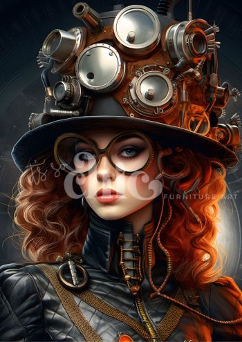 Decoupage paper for furniture futuristic steampunk art, intricate steampunk goggles, redhead steampunk character, curly hair steampunk woman, steampunk fashion illustration, vintage futuristic art, steampunk portrait, whimsical steampunk design, detailed steampunk artwork, retro futuristic female character